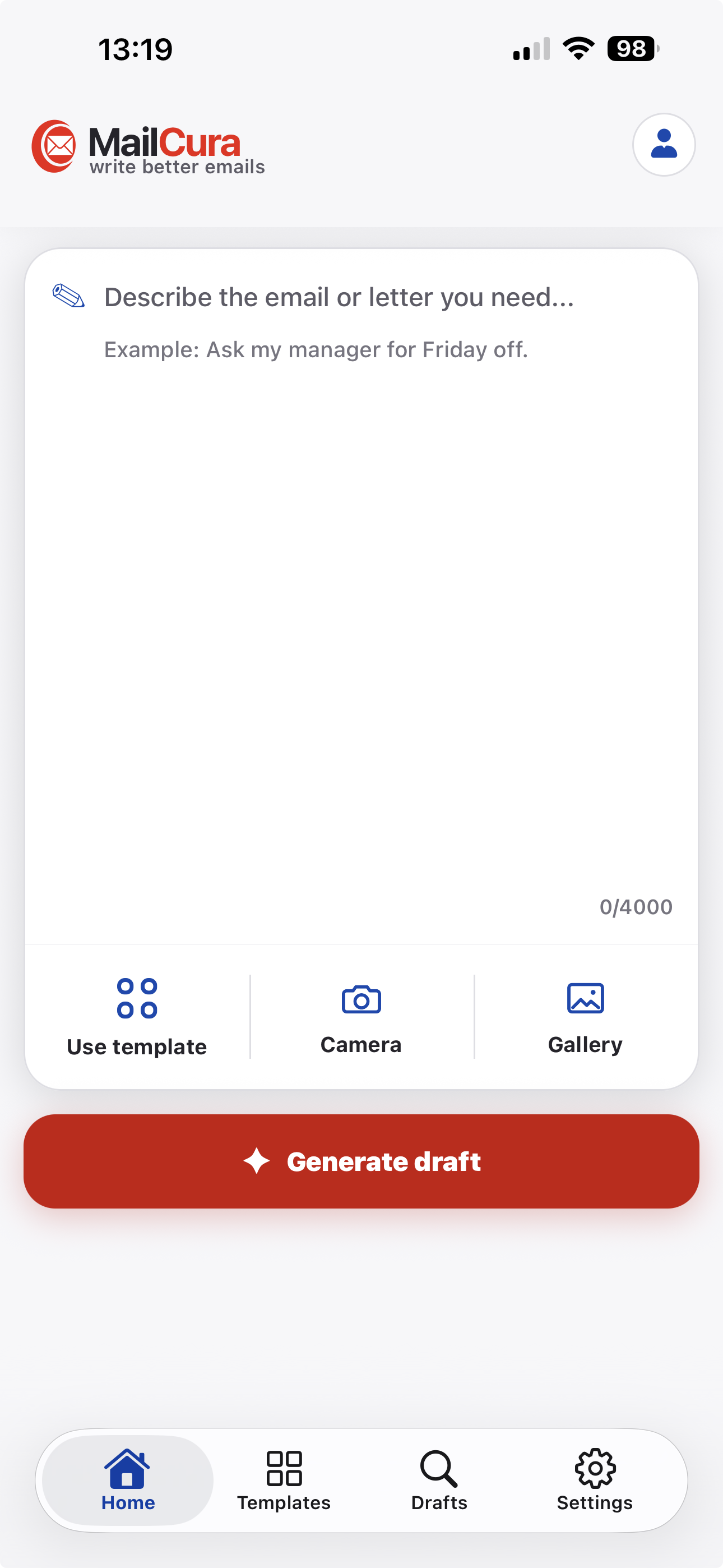 MailCura home screen showing the AI draft request field